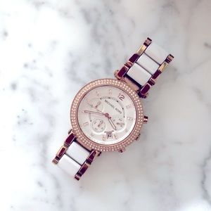 Michael Kors Watch, Two Tone White and Rose Gold Colour with Glitz Accents